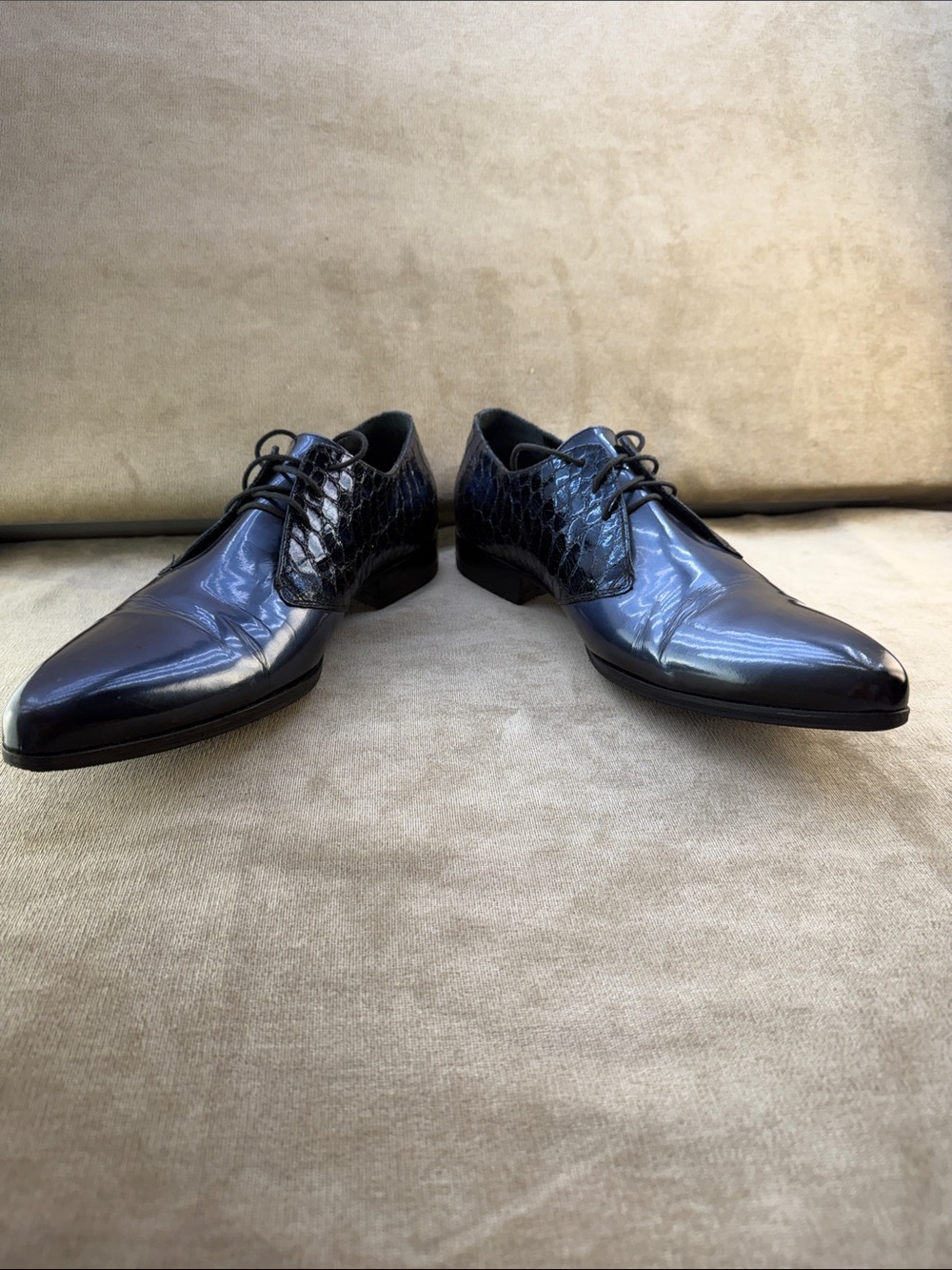 Men's Navy Gloss Leather Lace-Up Oxfords - Picture 6 of 8